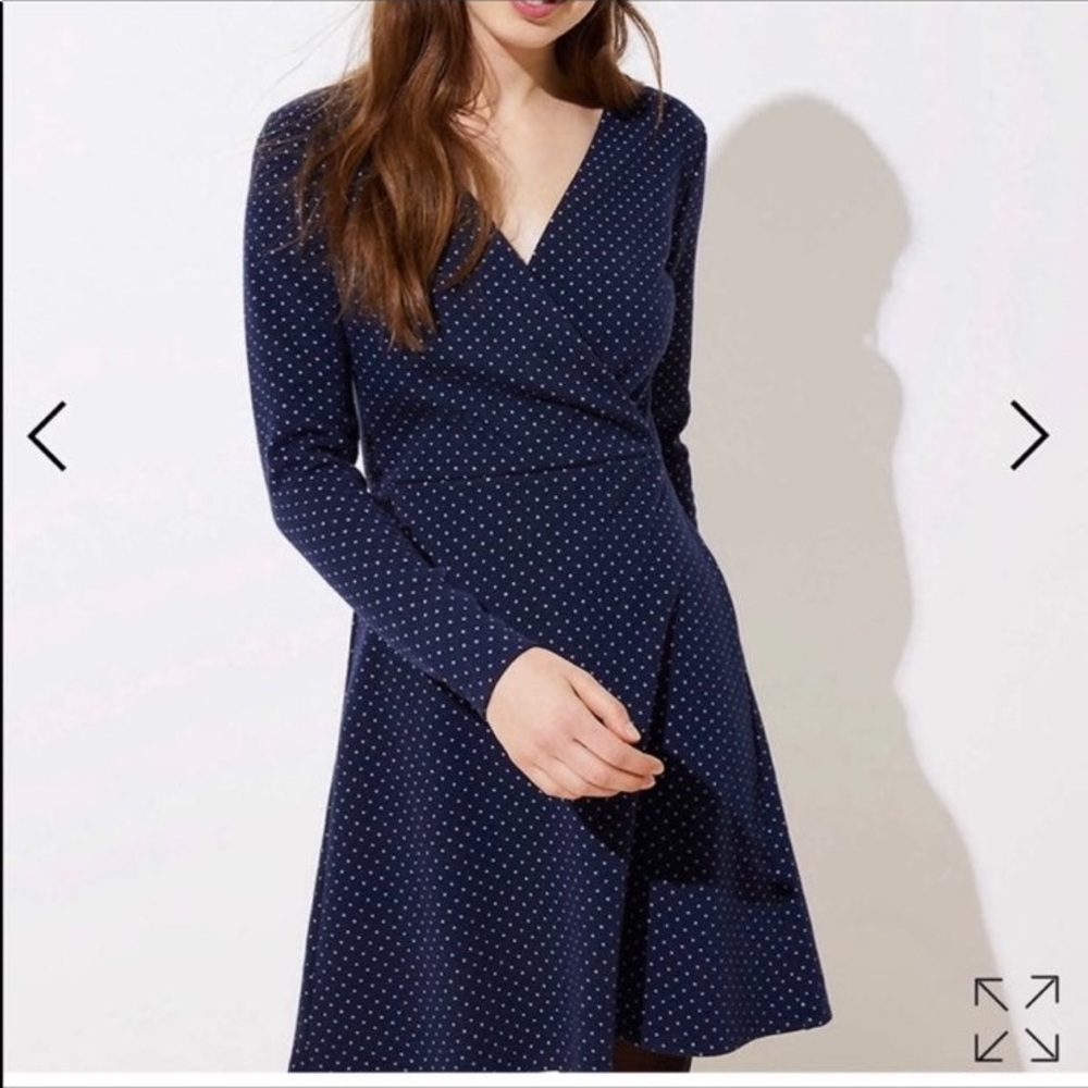 LOFT long sleeve blue polka dot faux wrap dress